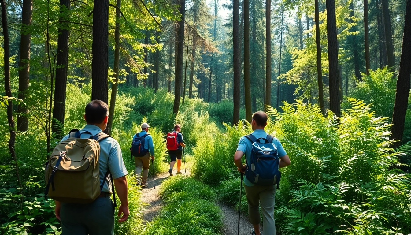 Hiking enthusiasts navigating a scenic forest trail, showcasing outdoor activity in nature.