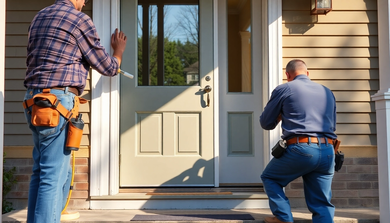 Front door replacement: installing a modern energy-efficient exterior door with a sleek finish.