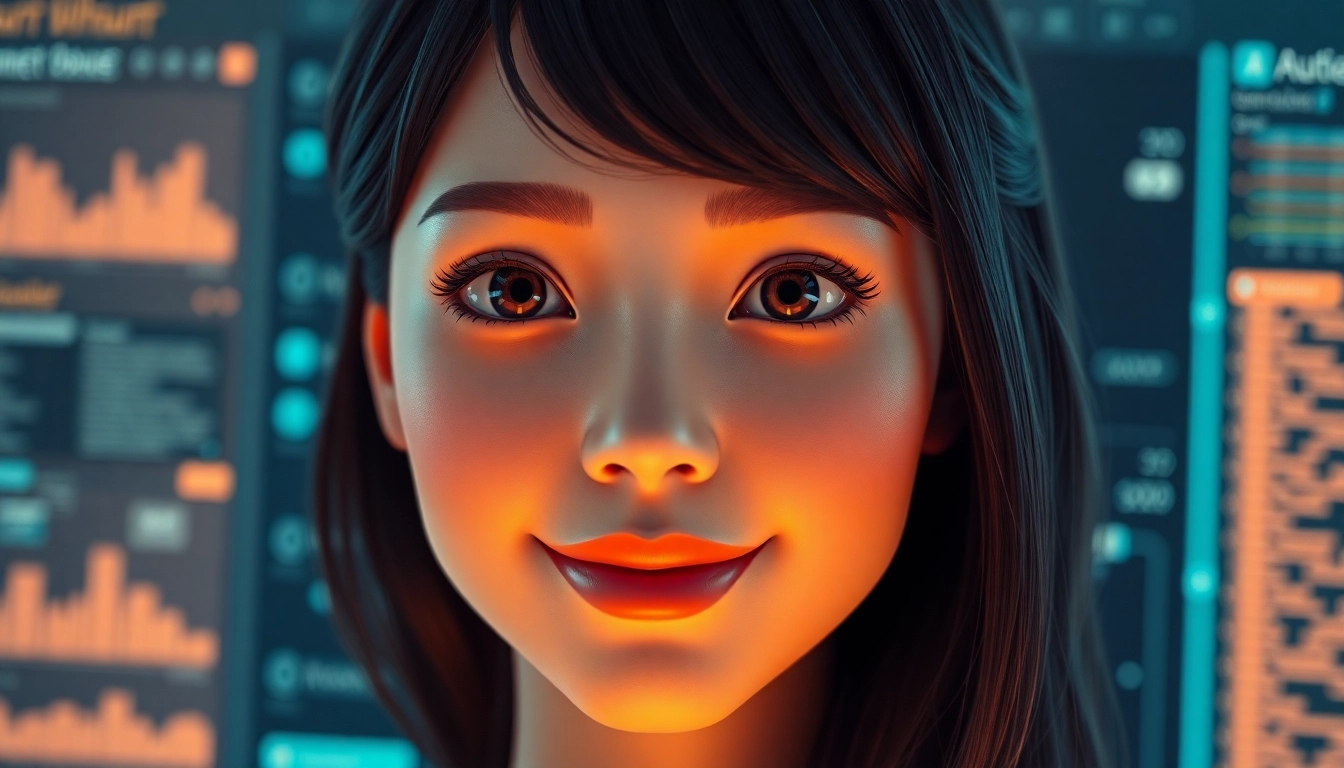 AI girlfriend engaging in a realistic and vibrant conversation on a modern screen, highlighting digital intimacy.