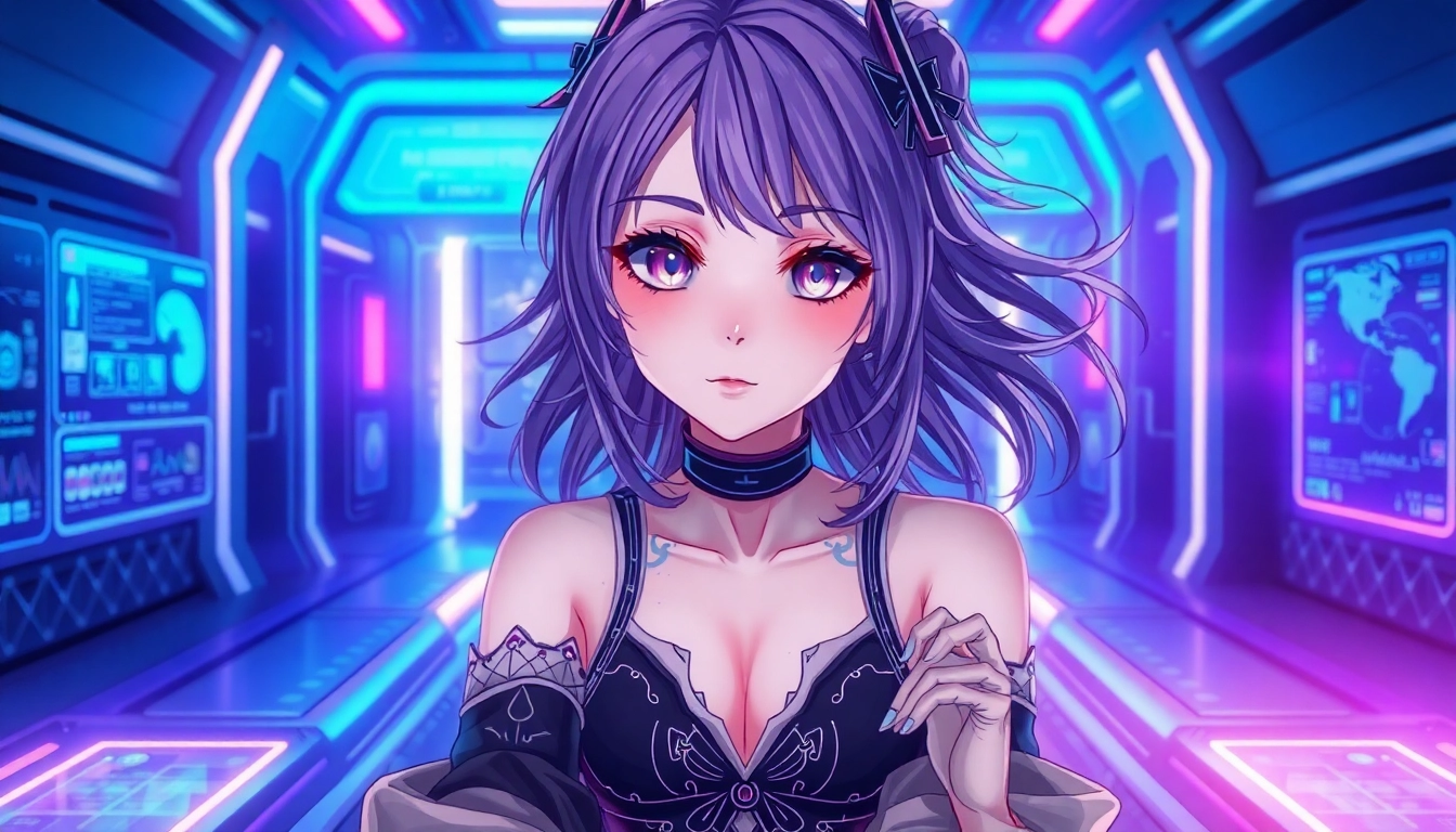 Futuristic anime-style female avatar in a neon-lit virtual environment with holographic interfaces.