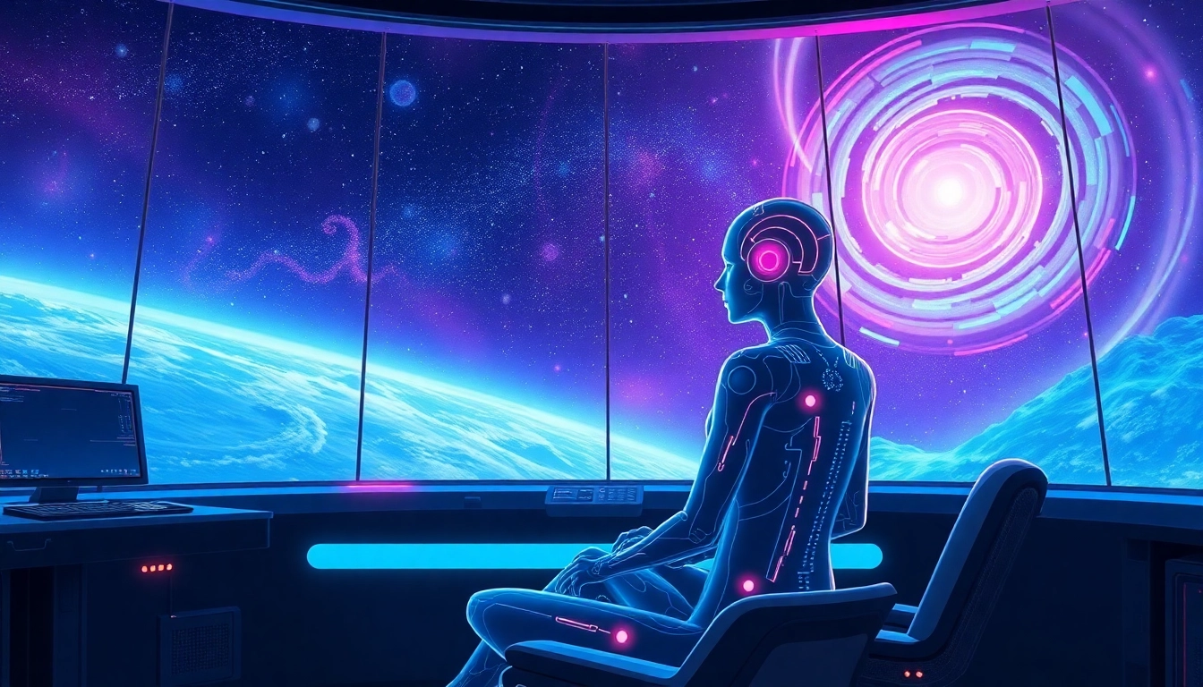 Futuristic AI character in a space-themed control room overlooking a galaxy, with neon lighting and cosmic background