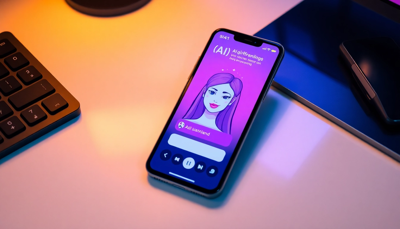 Engaging AI girlfriend chat experience with a friendly virtual character on a smartphone screen, showcasing emotional connection.