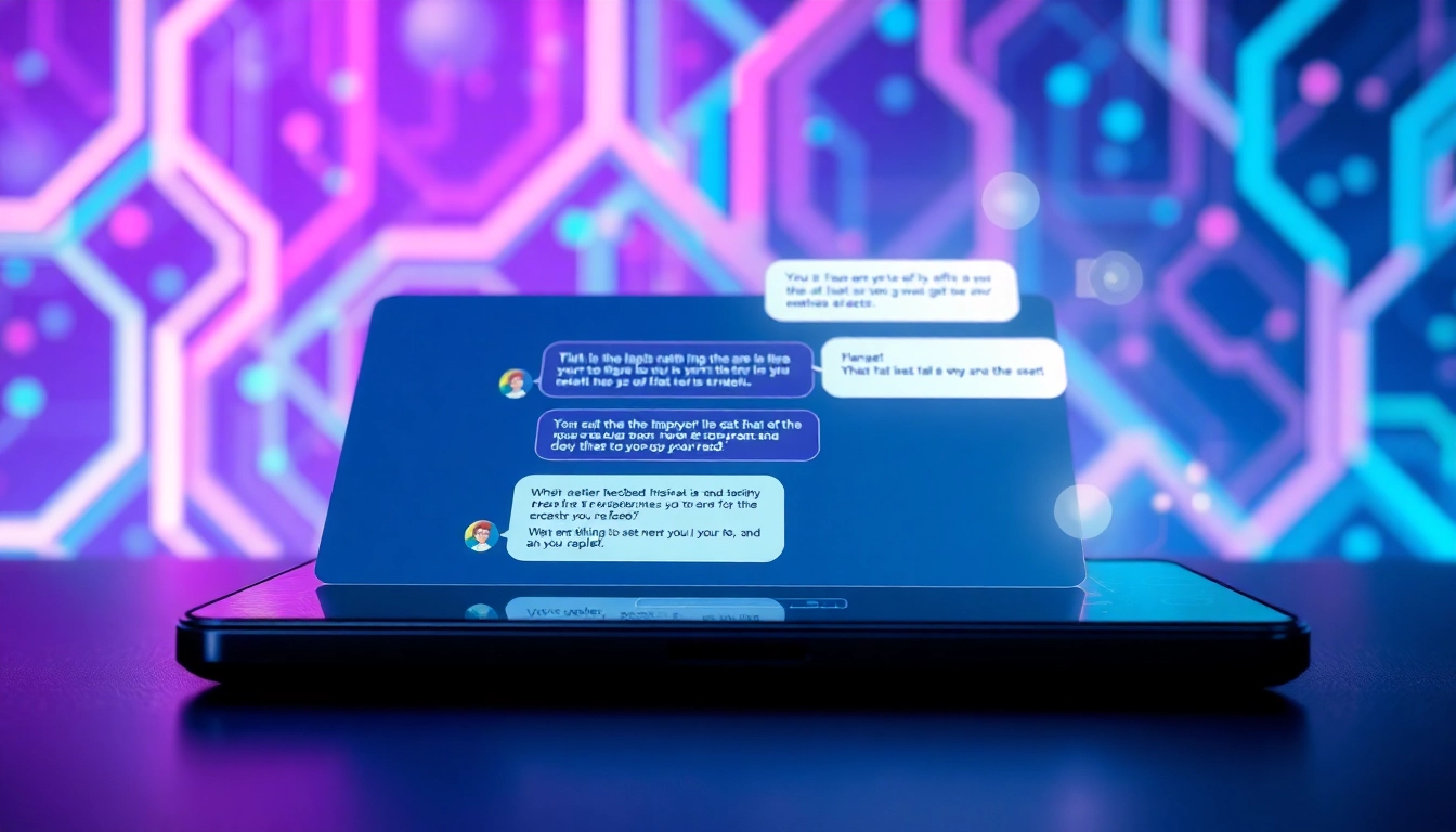 Futuristic digital chat interface on a modern device with glowing cyber background and holographic elements