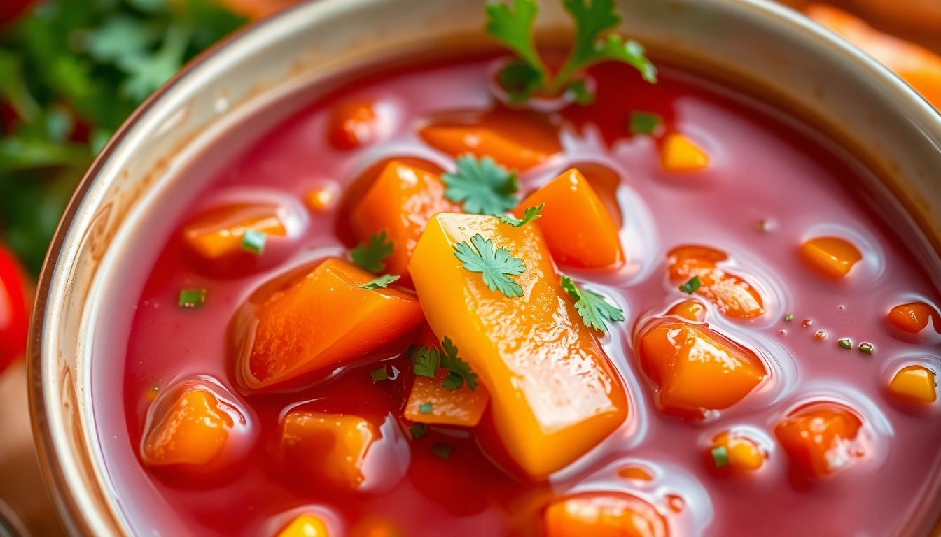Close-up of a bowl of sweet and sour sauce with fresh vegetables, highlighting its glossy